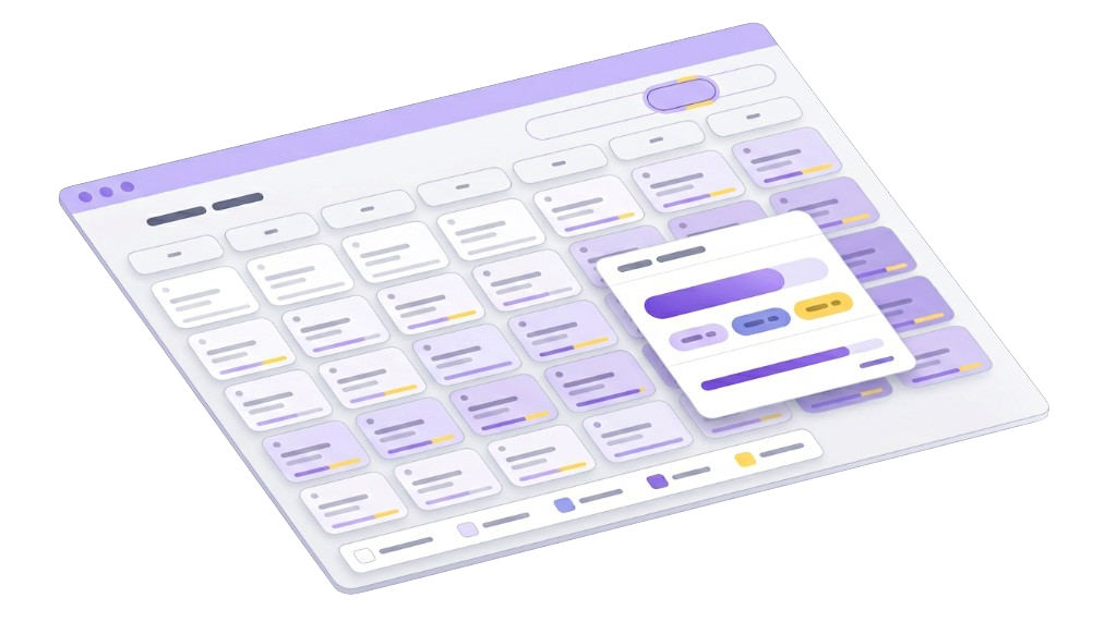 Illustration of a month calendar with bookings on days, slot and capacity detail on a selected day, and events, offers, and activities controls