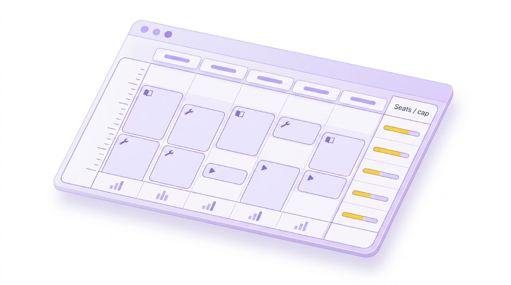 Illustration of scheduling courses, workshops, and sessions with defined availability and attendance limits