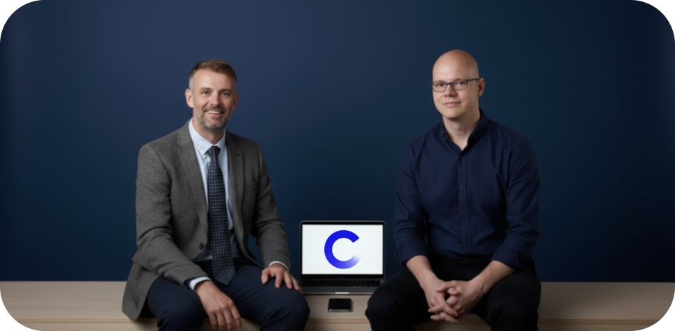 Two team members at a desk with a laptop and smartphone