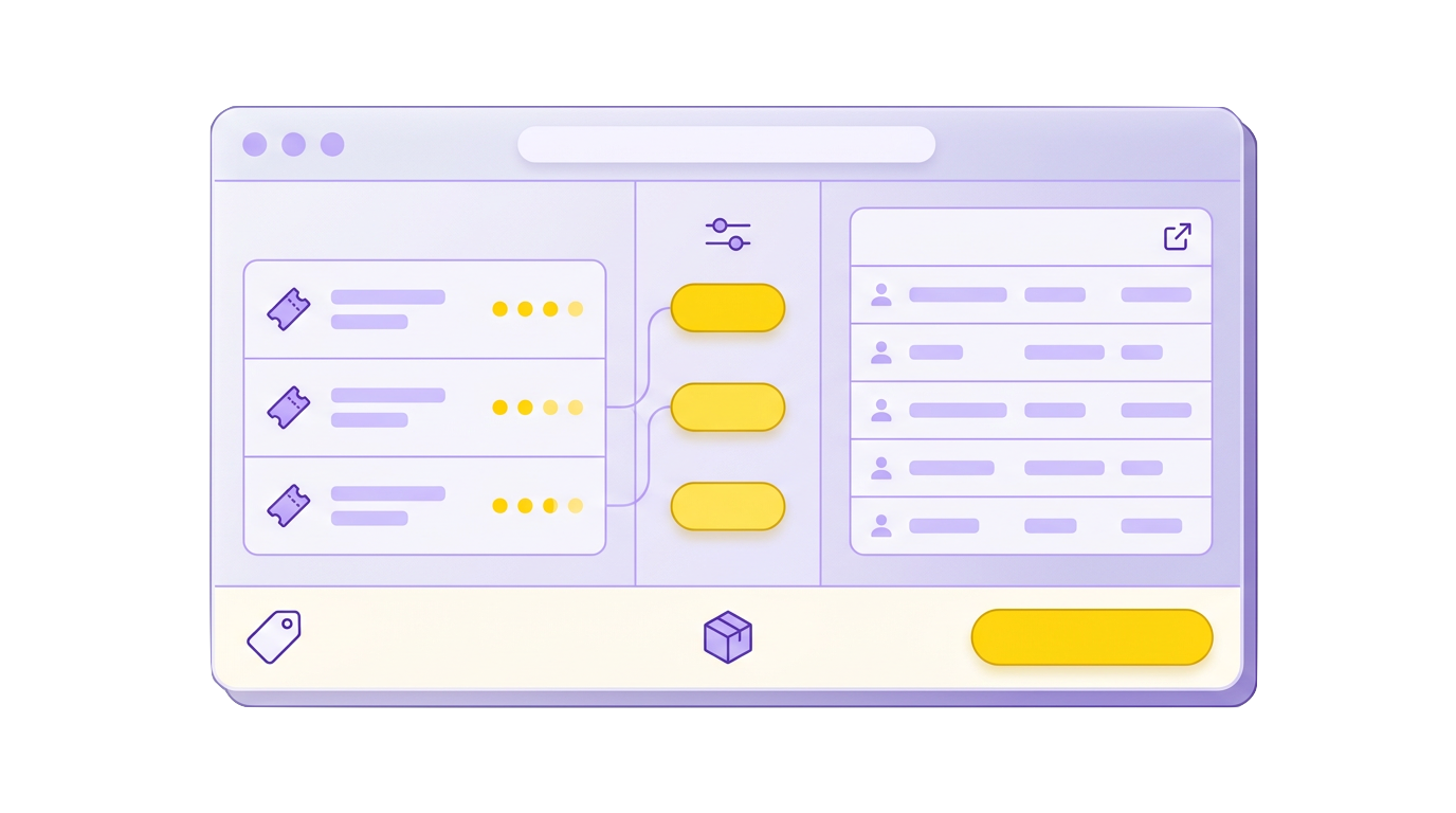 Illustration of ticket types and capacity, per-ticket pricing, attendee lists with custom fields, and discounts with add-ons in one checkout flow