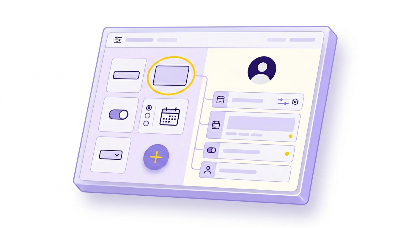 Abstract illustration of a custom field type palette and per-field icons composing an attendee profile