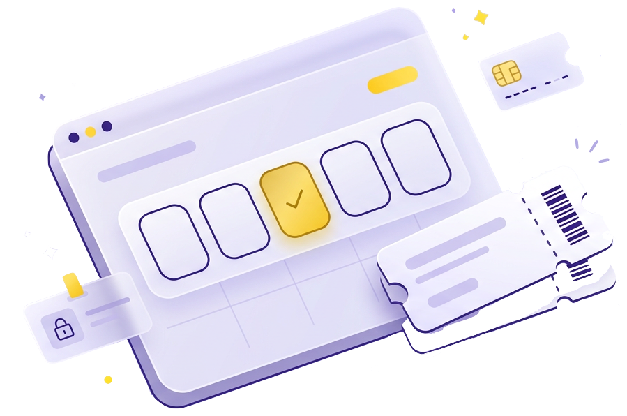 Illustration of booking slots, tickets, and access controls in a glassy app window on a soft lavender background