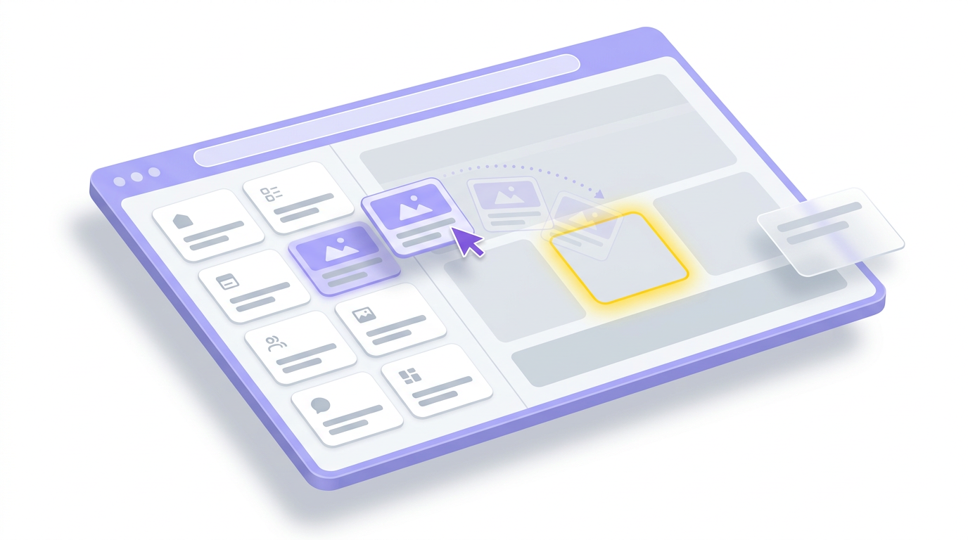 Illustration of building an event page with draggable content blocks