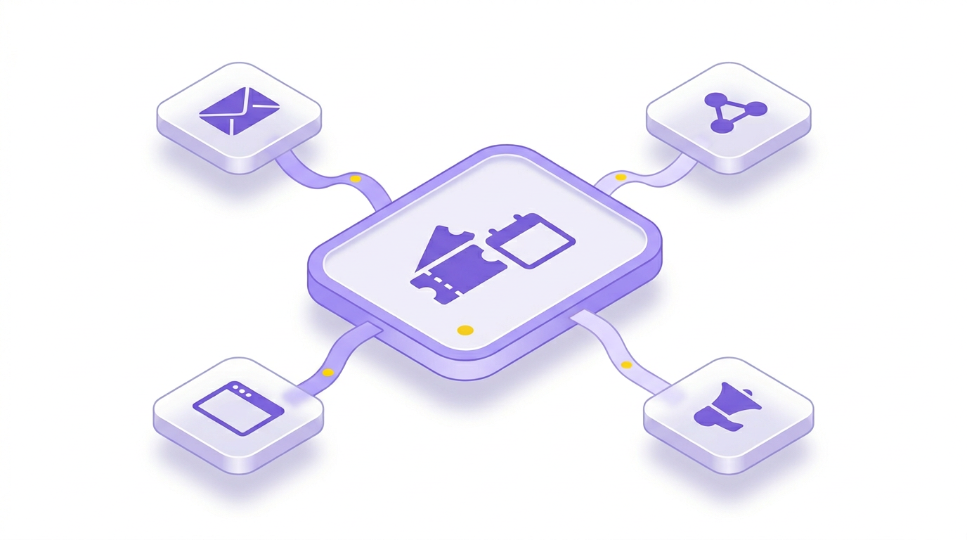 Illustration of a published live event on the platform, connected to email, social sharing, web, and promotion channels