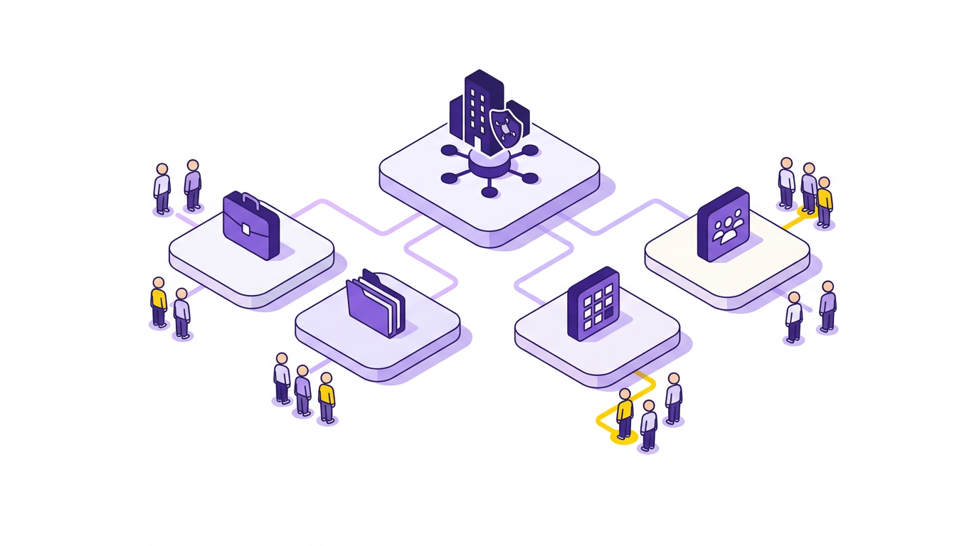 Illustration of people in departments connected to the core of one organisation